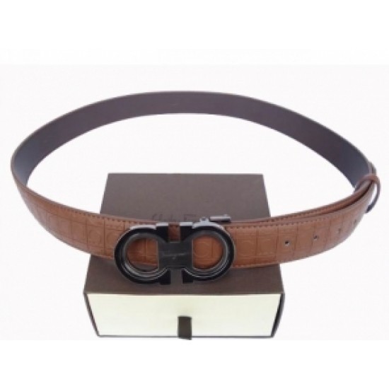Ferragamo On Sale Classic Double Gancini Adjustable Belt Brown Silver-SFM-T2877