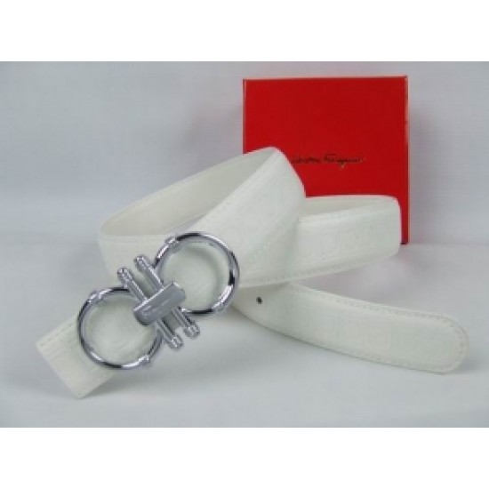 Ferragamo White With Sliver Logo Buckle Belt Outlet-SFM-T2776