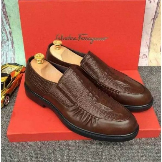 Ferragamo Crocodile Slip-On Shoes In Coffee Color-SFM-T1511