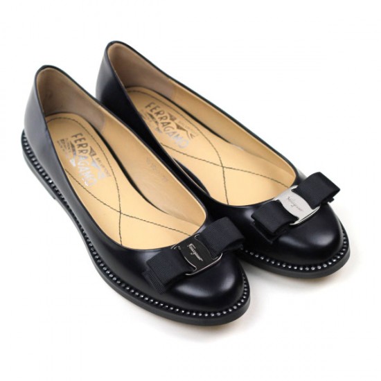 Ferragamo Varina Patent Ballerina Flat Shoes Black-SFW-K3040